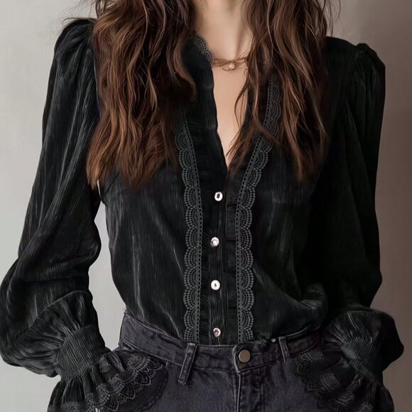 Tops - Black Elegant Women's Velvet Blouse with Lace Patchwork